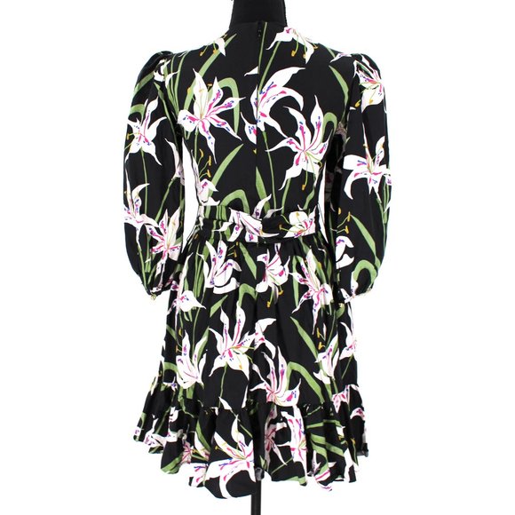 Borgo De Nor Anita Mini Dress Black Multicolor Lilly Print Ruffle Hem Belted 12 - Picture 7 of 9